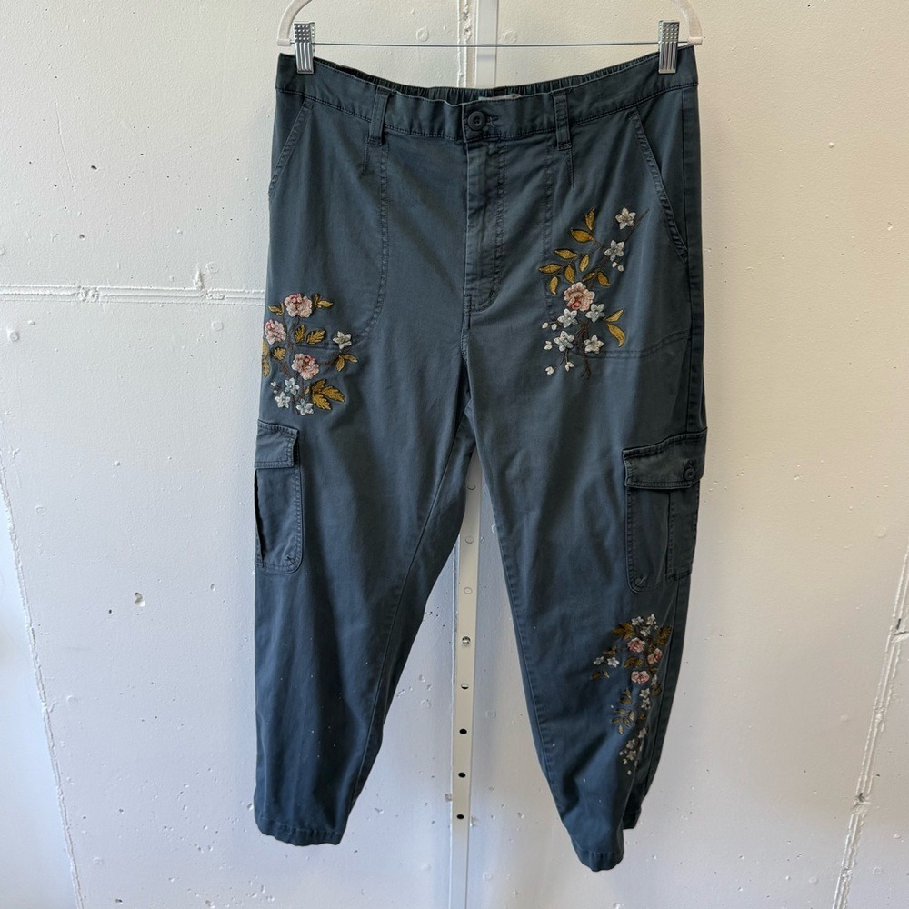 Anthropologie Sundance Embroidered Boho Cargo Cropped Pants Gray Sz 14